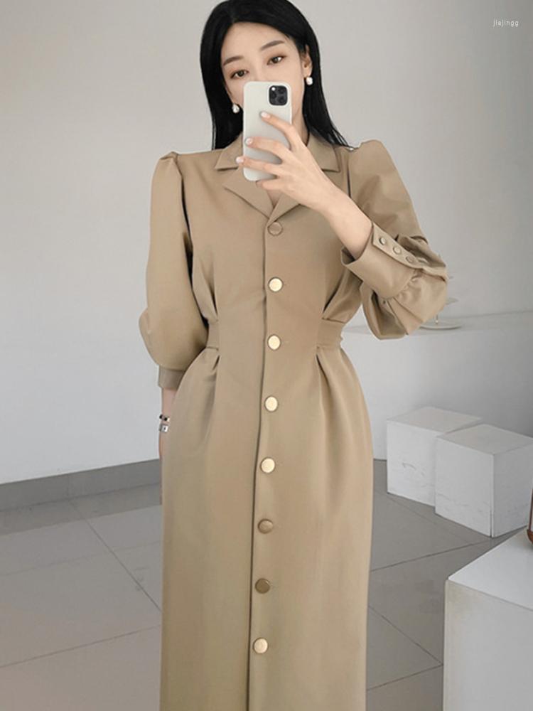 

Casual Dresses Korobov French Vintage Robe Suit Collar Single-breasted Dress Slim Fit Thin Autumn Vestido Puff Sleeves For Women 2022, Black