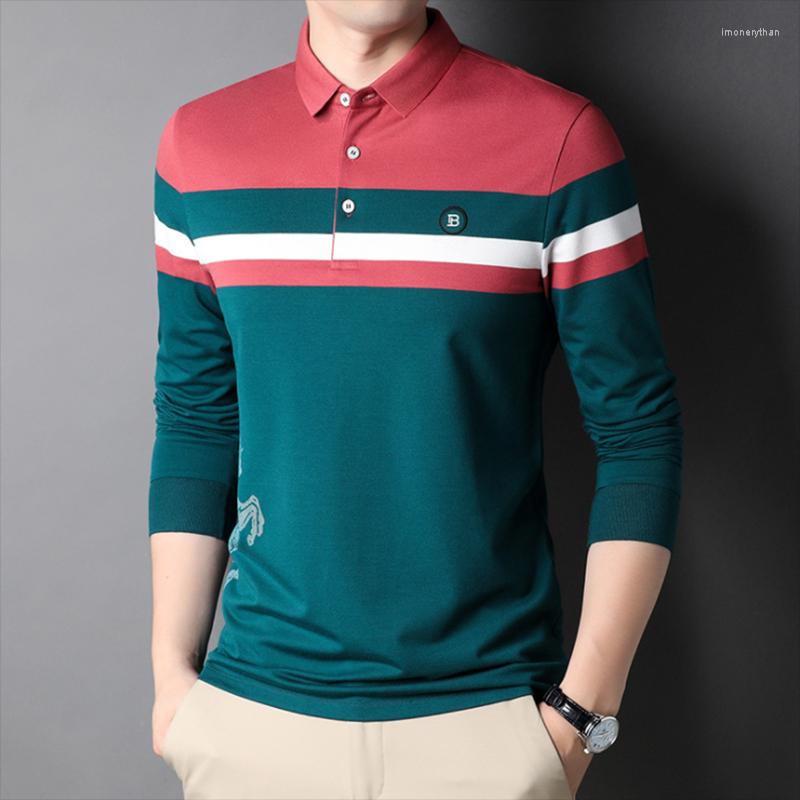 

Men's Polos Men Striped Polo Shirt Casual Business Embroidery Fashion Long Sleeve Brand Top Jerse Male Clothing, Gray