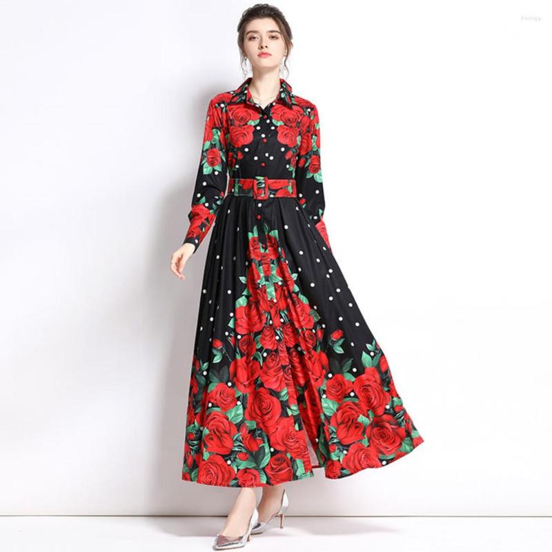 

Casual Dresses Vintage Celebrities Runway Dress Shirt Autumn Women 2022 Single Breasted Golden Floral Print Bubble Long Sleeve Maxi, Milk