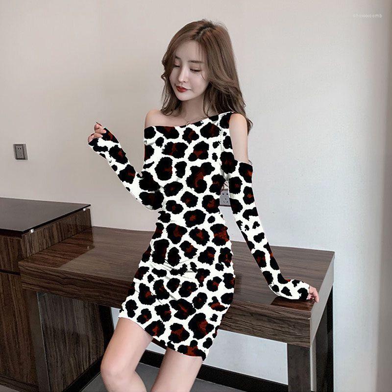 

Casual Dresses Korean Fashion Street Printed Leopard Pattern Dress For Women 2022 Autumn Long Sleeve Off-the-shoulder Sexy Slim Female