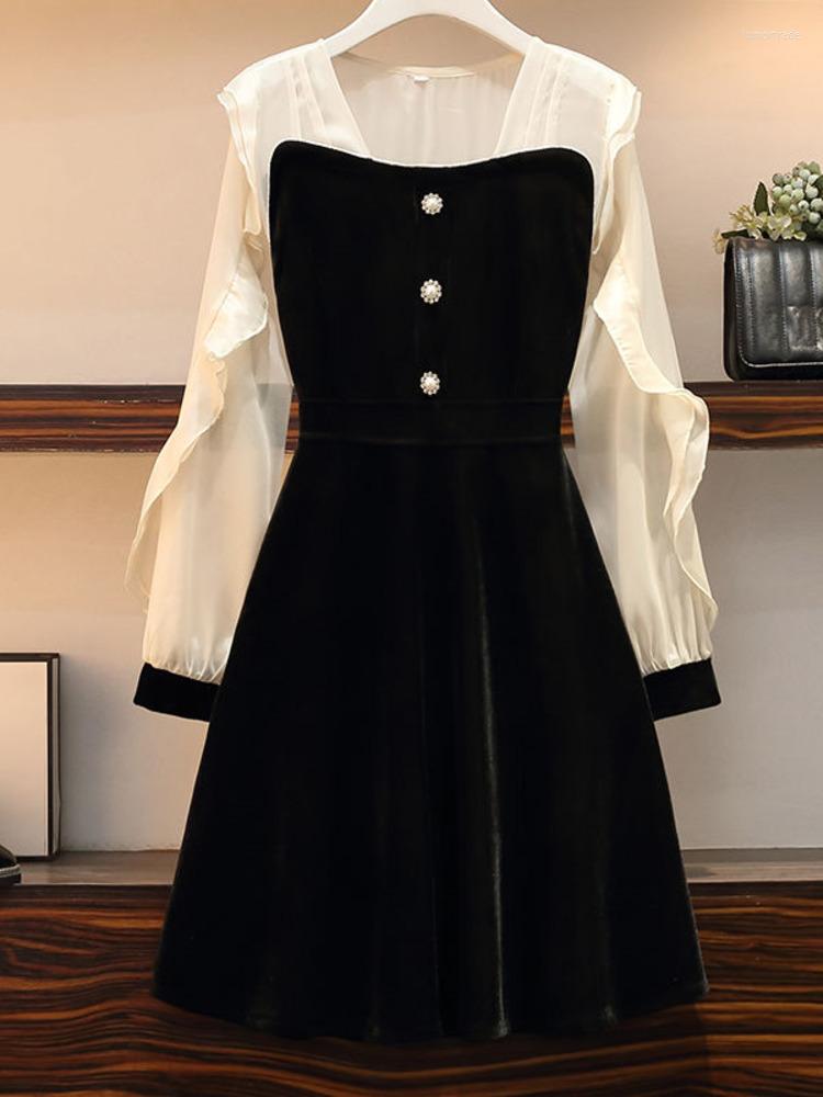 

Casual Dresses Women Spring French Vintage Korean Ruffles Mesh Patchwork Long Sleeve Square Collar High Waist Vestidos, Picture