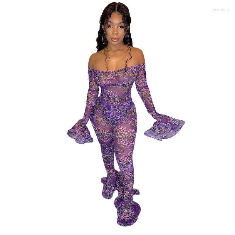 

Women' Jumpsuits Women' & Rompers Lemon Gina 2022 Mesh See-Though Off Shoulder Flare Long Sleeve With Ruffles Slim Paisley Print, Purple