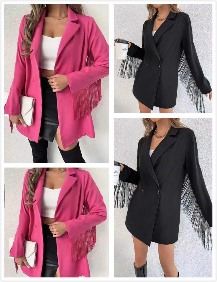 

Women' Suits Autumn Women Blazer Jacket Turn Down Collar Tassel Design Long Sleeve Coats For Casual Short Jakcet, Black