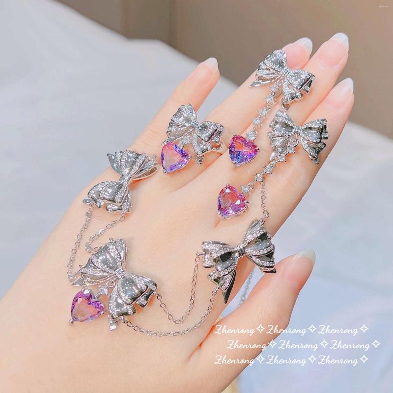 

Necklace Earrings Set Foydjew Luxury Gradual Change Purple Zircon Rings Bowknot Necklaces Tassel Love Heart Sweet Cool For Girl, Picture shown