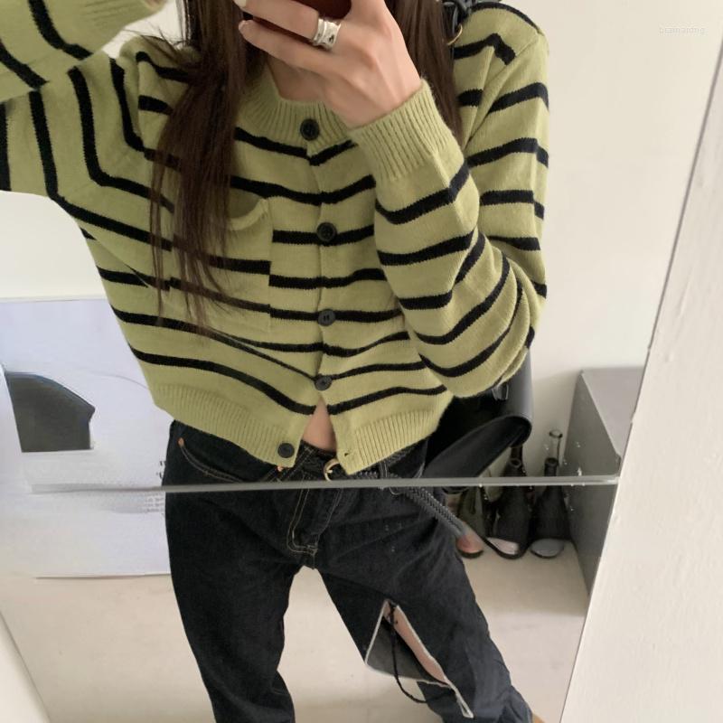 

Women's Knits Tinomiswa Striped Vintage Cardigans Women O-neck Long Sleeve Single Breasted Sweaters Loose Casual All-match Autumn Jumpers, Green
