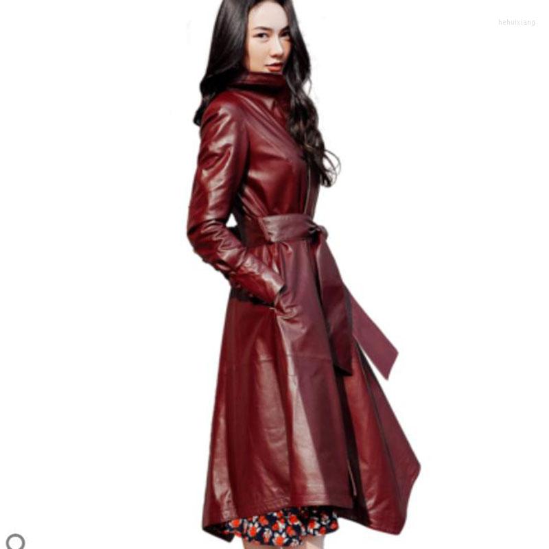 

Women' Leather Fad Autumn Winter Women Fashion Genuine Jacket Elegant Ladies Sheepskin Long Coats A054, Black
