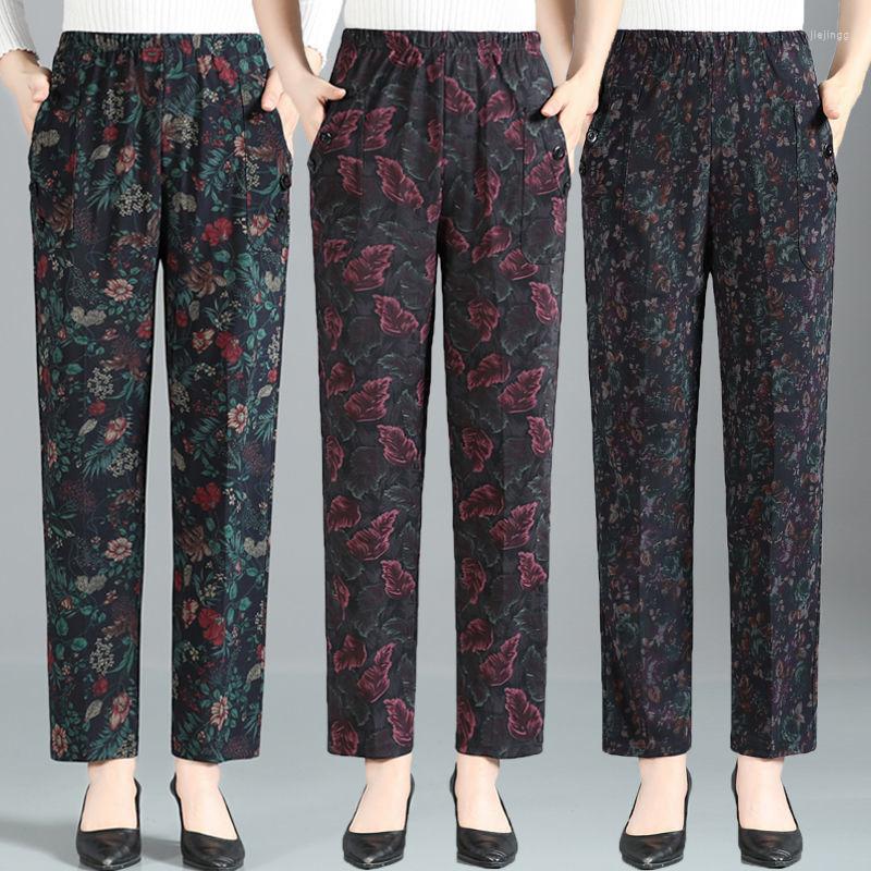 

Women's Pants Autumn Winter Middle-aged Women Trousers Print Elastic High Waist Straight Velvet Warm X160