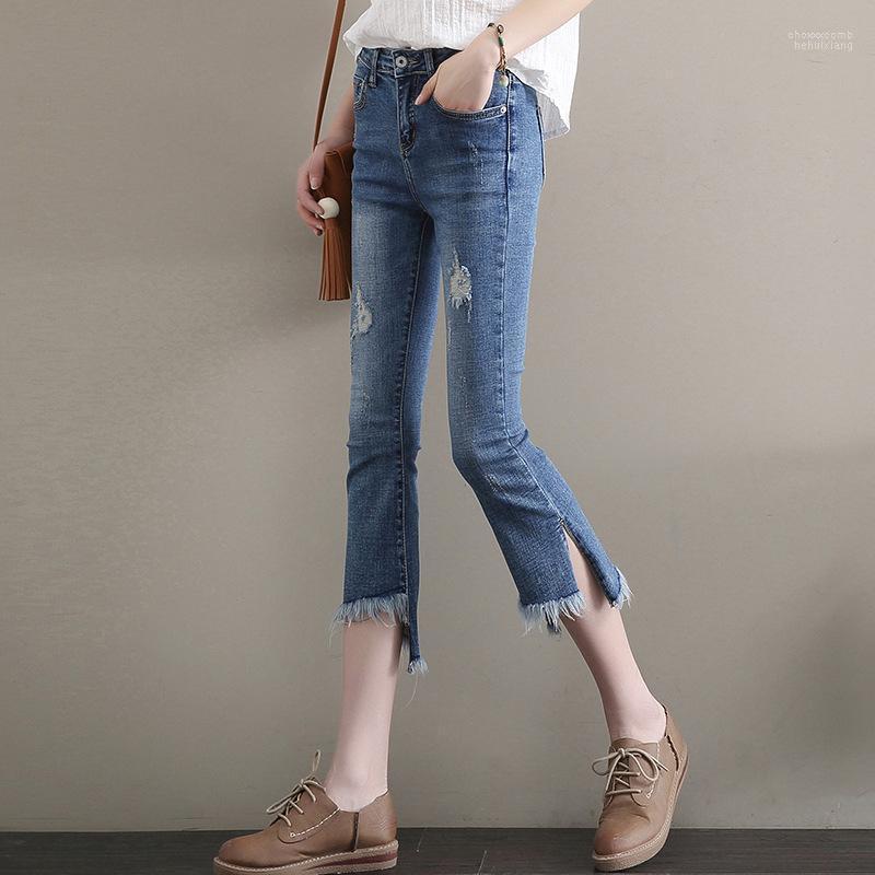 

Women's Jeans Women's 2022 Summer Fashion Irregular Feet Mouth Hole Grain Tall Waist Nine Points Cowboy Horn Foot Trousers H680, Sky blue