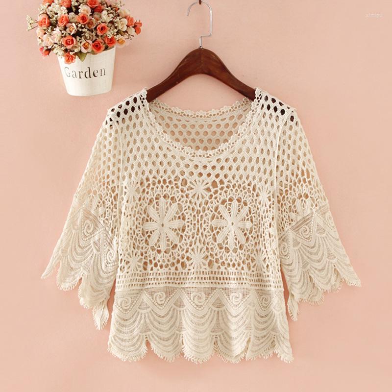 

Women's Blouses Lace Hollow Out Women Blouse 2022 Summer Solid O-neck Flare Sleeved Short High Waist Loose Lady Elegant Pulls Outwear Tops, See chart