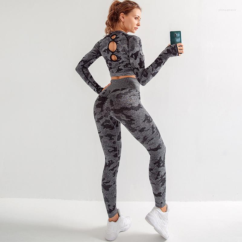

Active Sets Winter Seamless Women Sport Set Camouflage Long Sleeve Yoga Clothes High Elasticity Fitness Tracksuit 2pcs Gym Wear, Gray