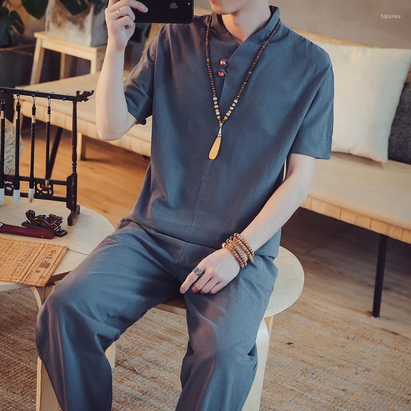 

Ethnic Clothing Male Two Piece Set Chinese Style Mens Tops Tang Suit Linen Short Sleeve Traditional China Hanfu Shirt Pants 31183
