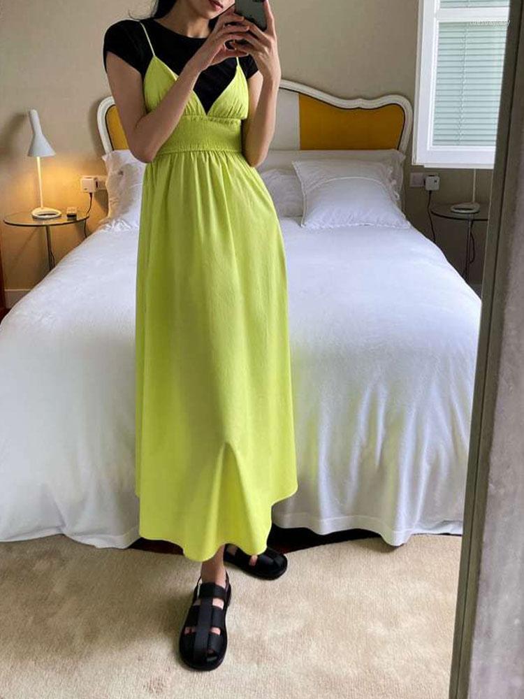 

Casual Dresses Green Cotton Women Dress Summer Sexy V-neck Holiday Style Maxi Elegant High-waist Lace-up Long Robe