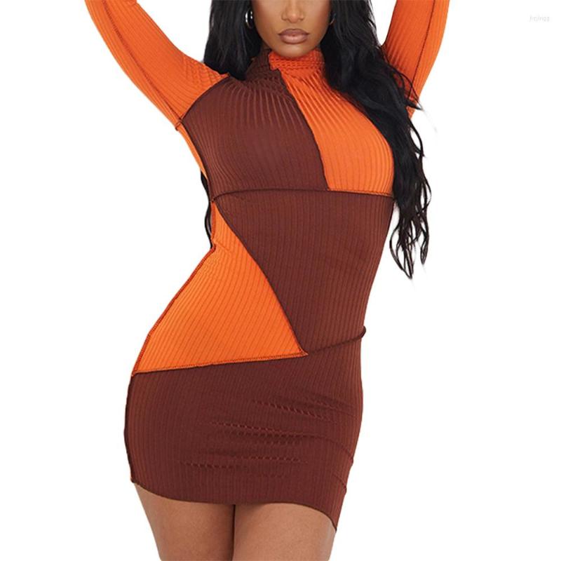 

Casual Dresses Douhoow Women Color Block Stitching Mini Dress 2022 Autumn Winter Long Sleeve Bodycon Short Slim Contrast, Green