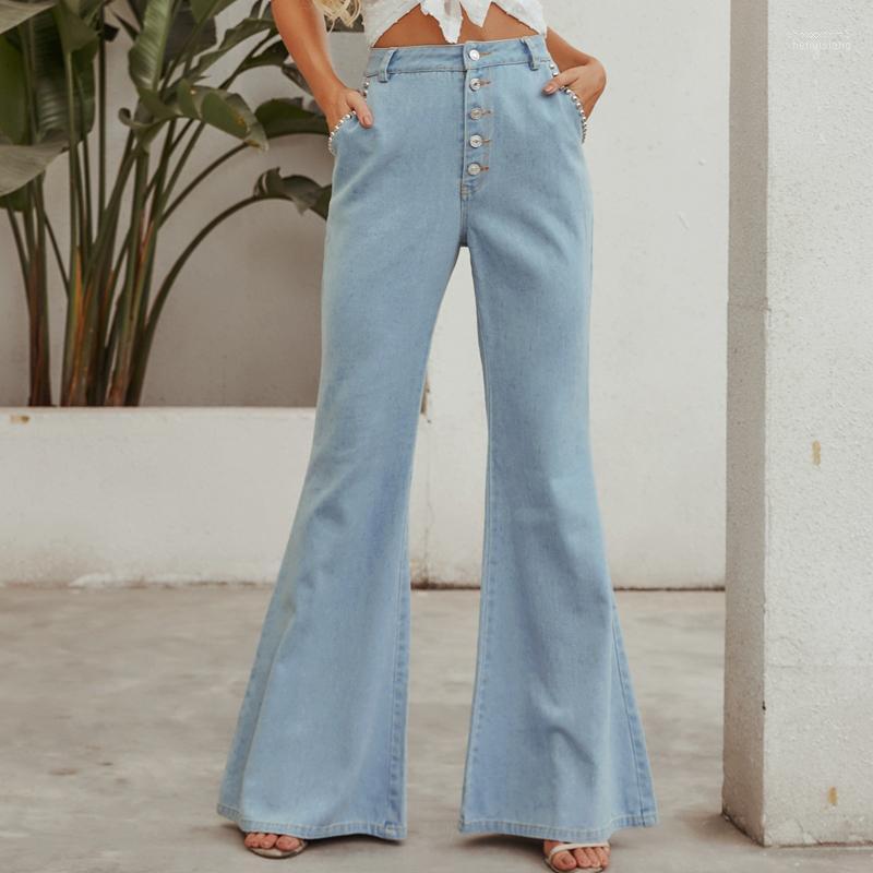 

Women's Jeans Women's High Waist Flared Bell Bottom Button Beaded Skinny Denim Pants Woman Wide Leg Streetwear Trousers, Blue