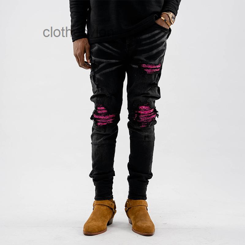 

Cashew amirs Used amiris Ch Black Designer Patch Jeans Street Rose Brand Washing Slim Water Legged Men 95Y9