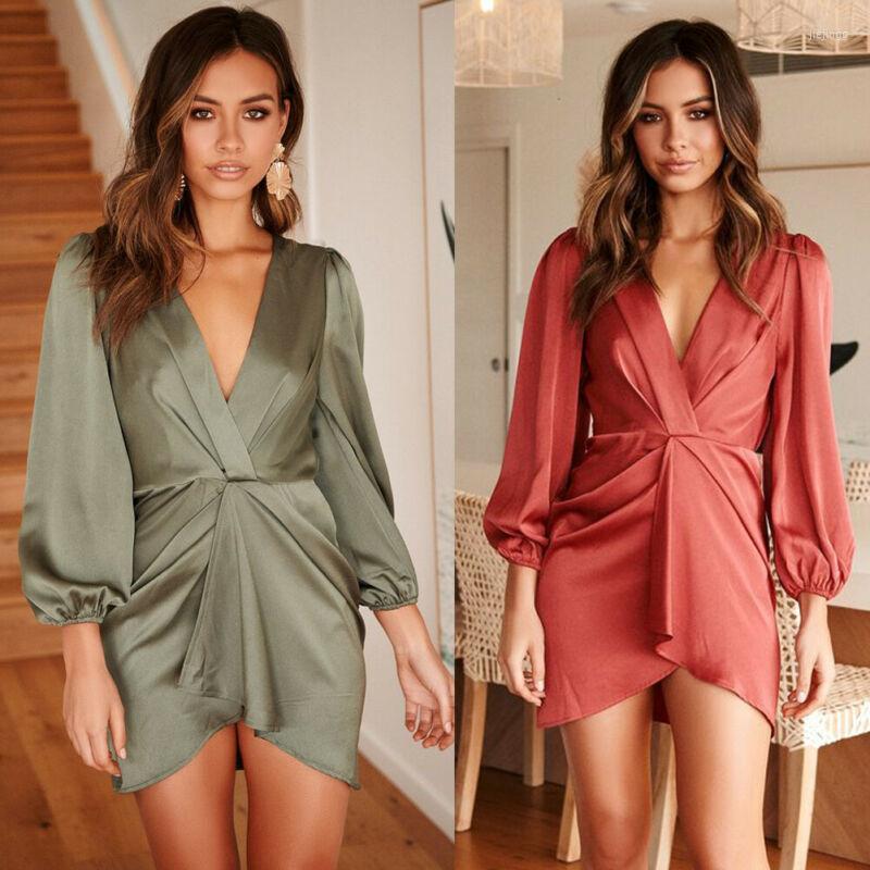

Casual Dresses Women Sexy Solid Dress Long Sleeve V-neck Mini Fashion Party, Army green