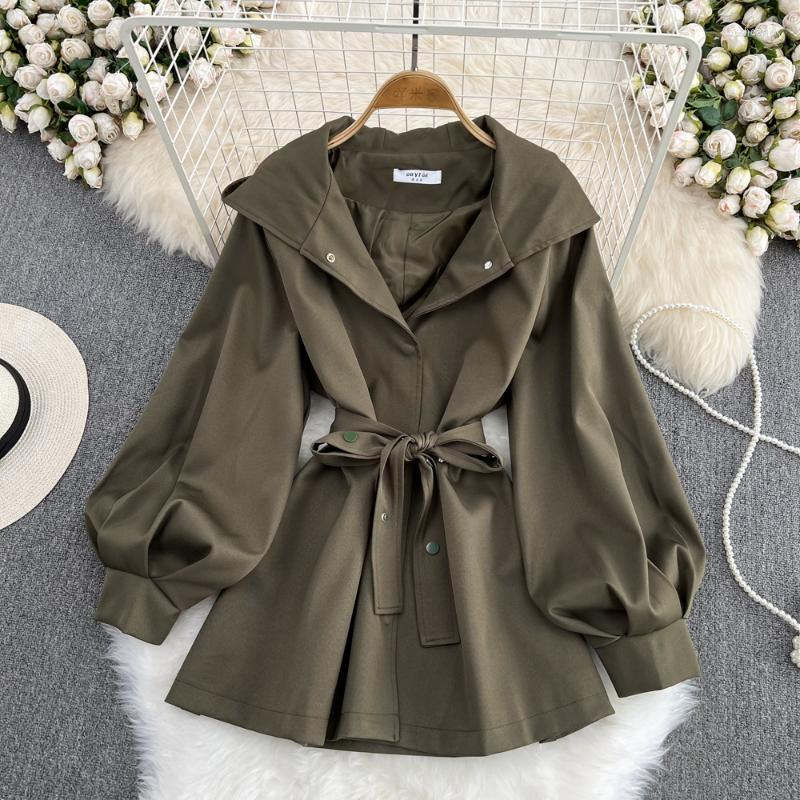 

Women's Trench Coats Hikigawa Chic Fashion Women Retro Hooded Long Sleeve Coat Autumn Elegant Casual Solid Tied Slim Waist Jackets Top Mujer, Black