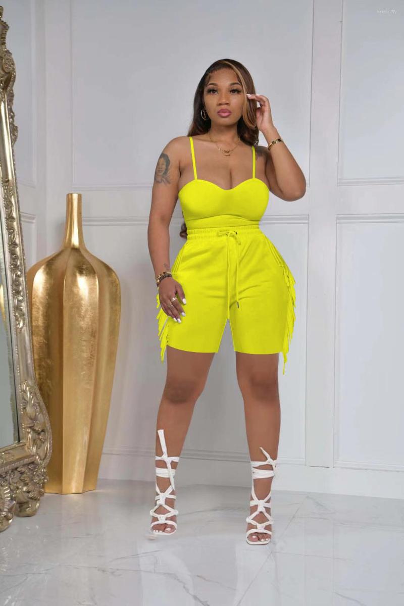 

Women' Tracksuits EWSFV 2022 Summer Women Explosion Style Fashion Sexy Solid Color Stitching Tassel Strap Top Shorts Set, Black