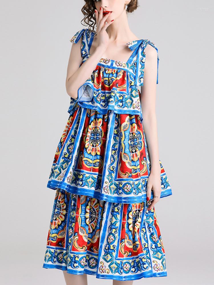 

Casual Dresses Summer Vintage Blue Print Suspender Loose Dress Cotton Blend Multi-layered Cakee Sweet Long
