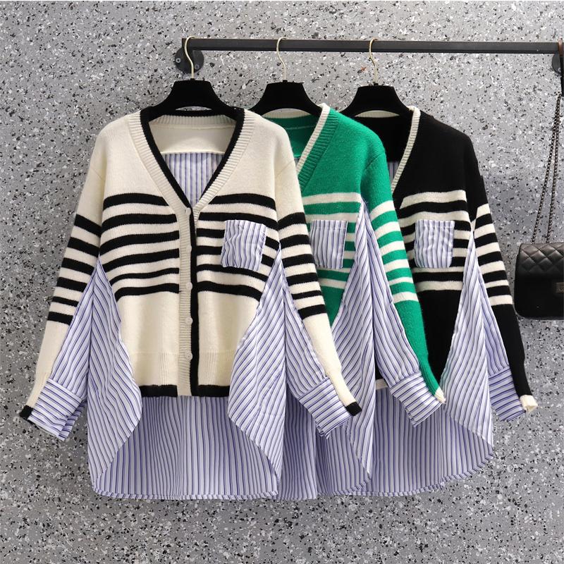 

Women's Knits Women Fall Striped Shirt Patchwork Knitted Sweater Long Sleeve Irregular Knitwear Single-Breasted Loose Large Size Cardigan, Green