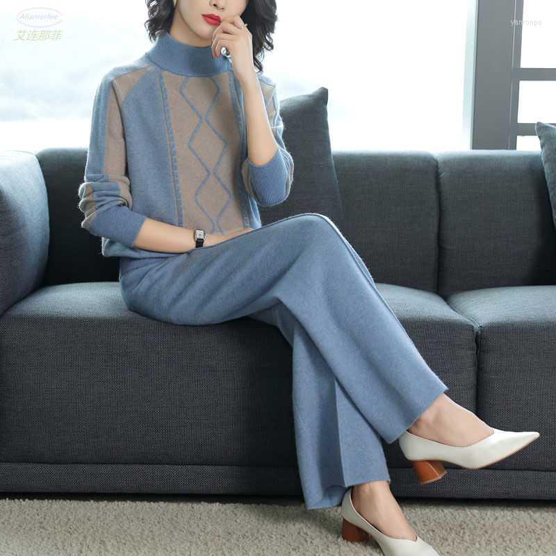 

Women's Two Piece Pants Women's Mom KniSweater Set 2022 Autumn Winter Two-piece Female Suit Fashion Loose Sweater Tops Women Casual, Blue