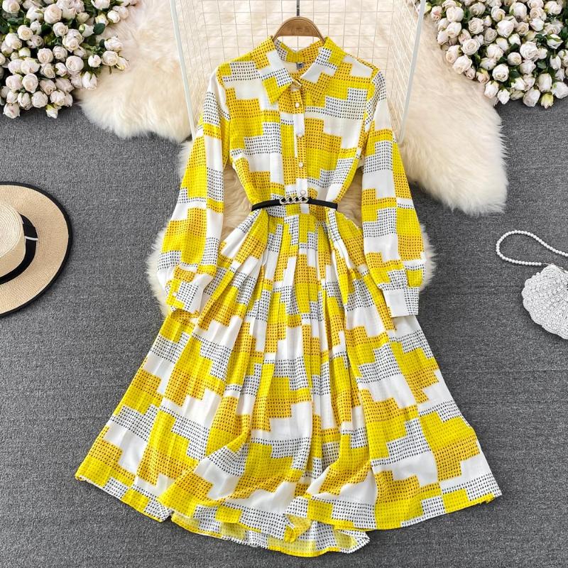 

Casual Dresses SuperAen European And American Holiday Dress Fashion Lapel Loose Thin Belt Waist Pleated Long, Yellow