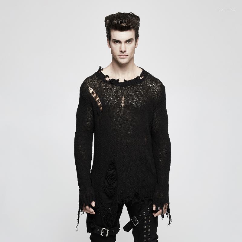 

Men's Sweaters PUNKRAVE Men's Punk Decadence Pullover Sweater Pesonality Cool Pure Cotton Broken Hole Loose Long Sleeve, Black