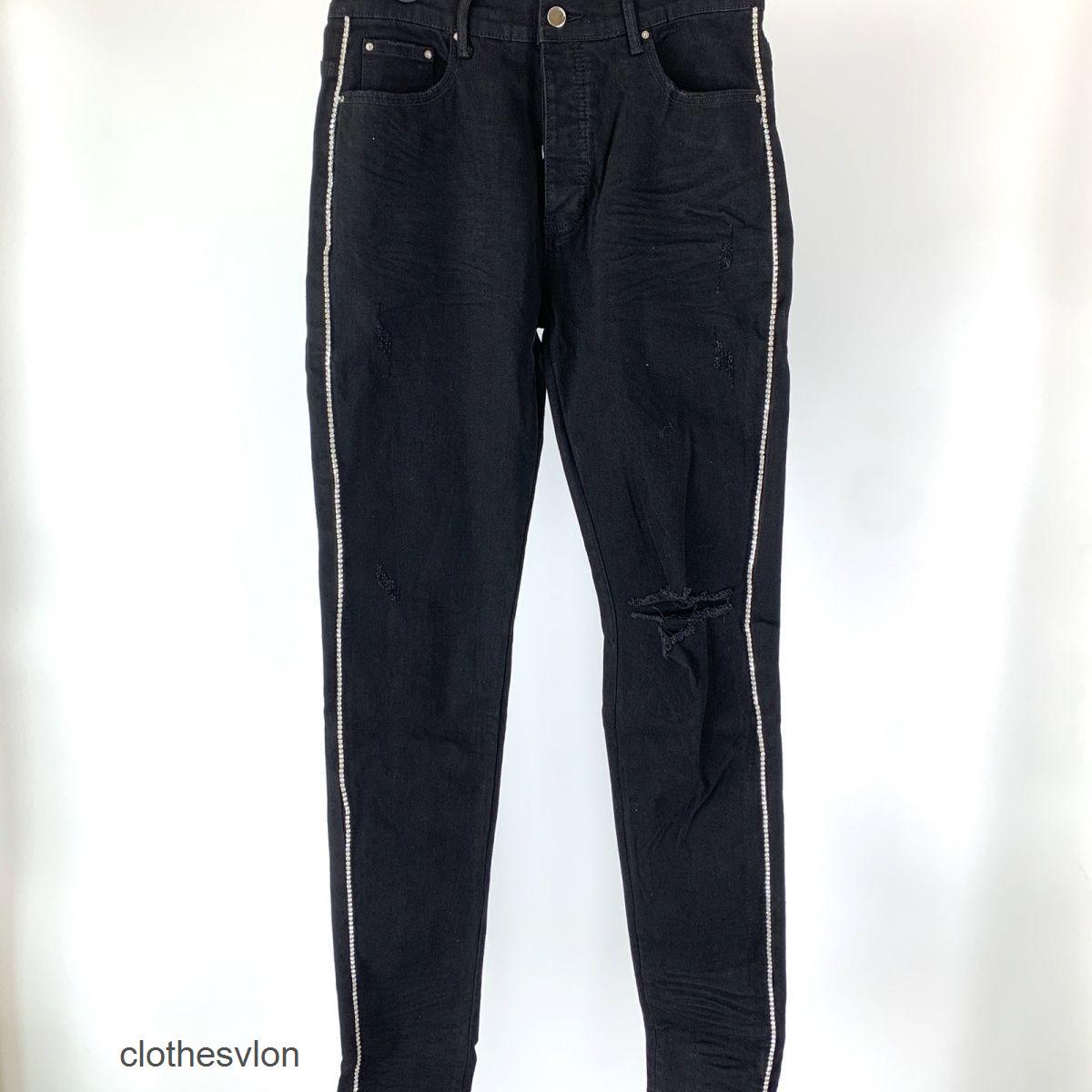 

Designer Jeans Amirs Amires Jean Slim Fitting with Diamonds on Side Thin Holes in Knees Versatile Casual Black Jeans 2022 Trendy Men