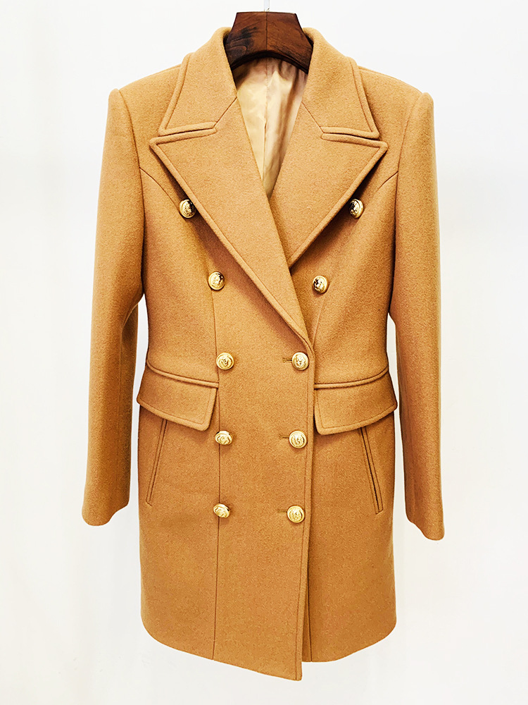

High-quality lion buttons double -breasted long wool blend coats, Black
