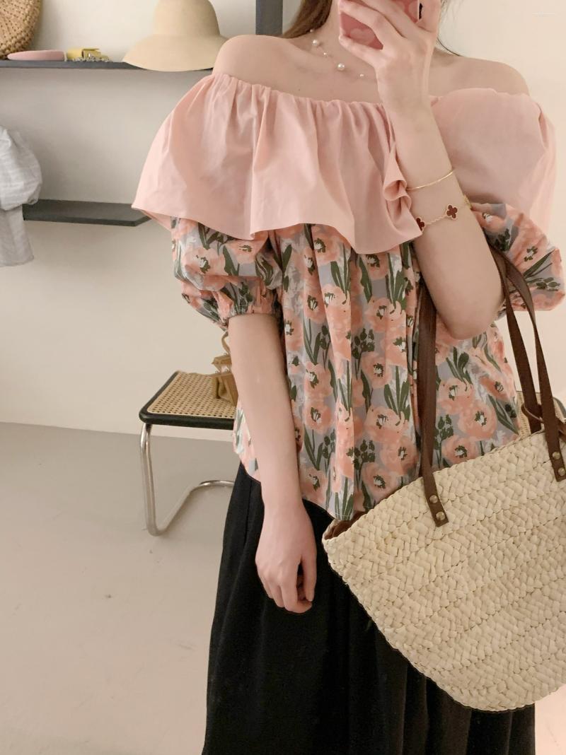 

Women's Blouses Summer Korean Sweet Holiday Style One-word Collar Romantic Flower Small Shirt Temperament Large Lapel Top, Pink