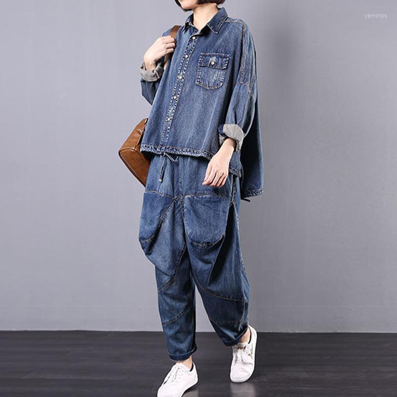 

Women's Two Piece Pants Women's European Designer Autumn Outfits Women's Vintage Irregular Denim Tops Shirts And Jeans Ladies Loose, Blue