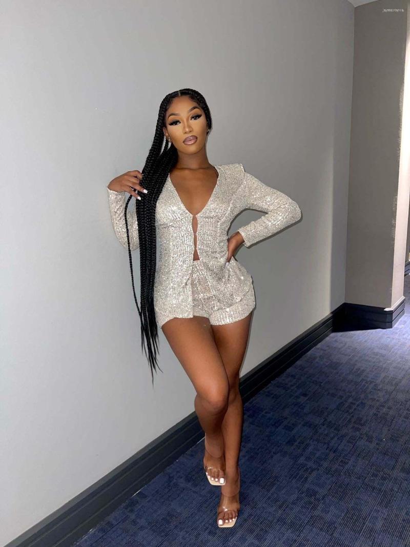 

Women' Tracksuits Felyn 2022 High Quality Design 2 Pcs Shorts Women Set Summer Solid Tshirt And Sequin Decoration V-neck Sexy Club, Black