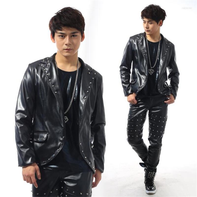 

Men' Suits Personality Rivets Blazer Men Latest Coat Designs Suit Costume Men' Motorcycle Leather Jackets Stage Singer, Only coat