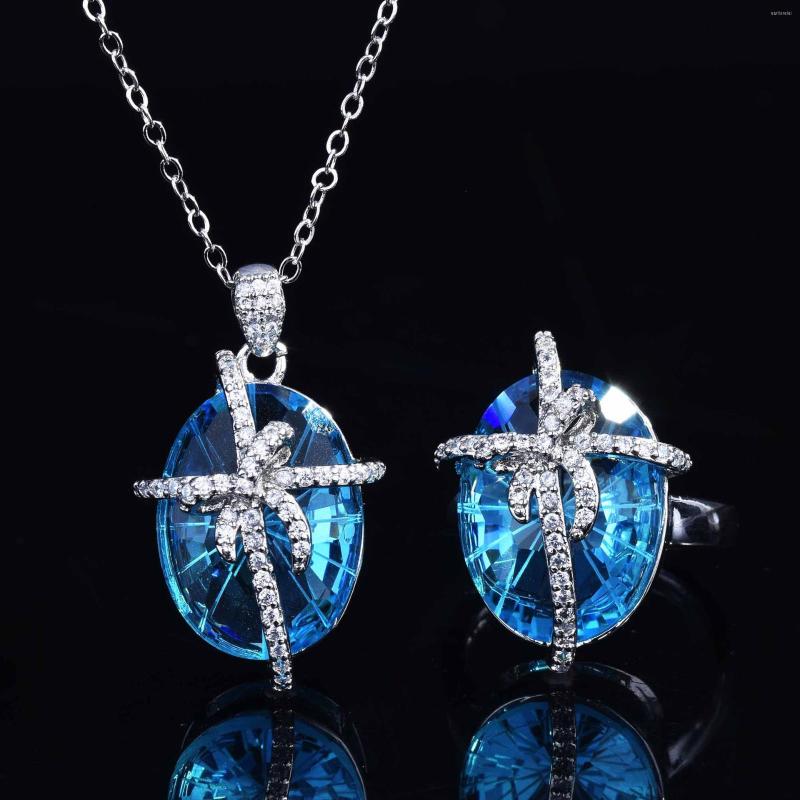 

Necklace Earrings Set Elegant Romantic Sea Blue Bowknot Crystal Silver Color Ring Pendant Lady Costume Accessories Birthday Gift, Picture shown