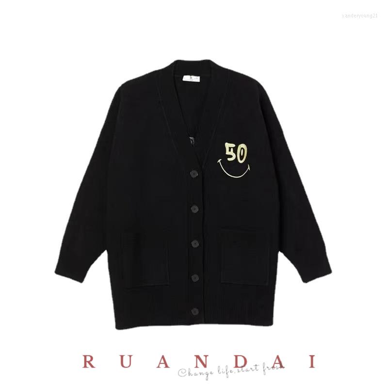 

Women' Knits Solid Color Long-sleeved Cardigan For RUANDAI 2022 Summer V-neck Letter Embroidery Knitted Single-breasted Jacket Women, Black