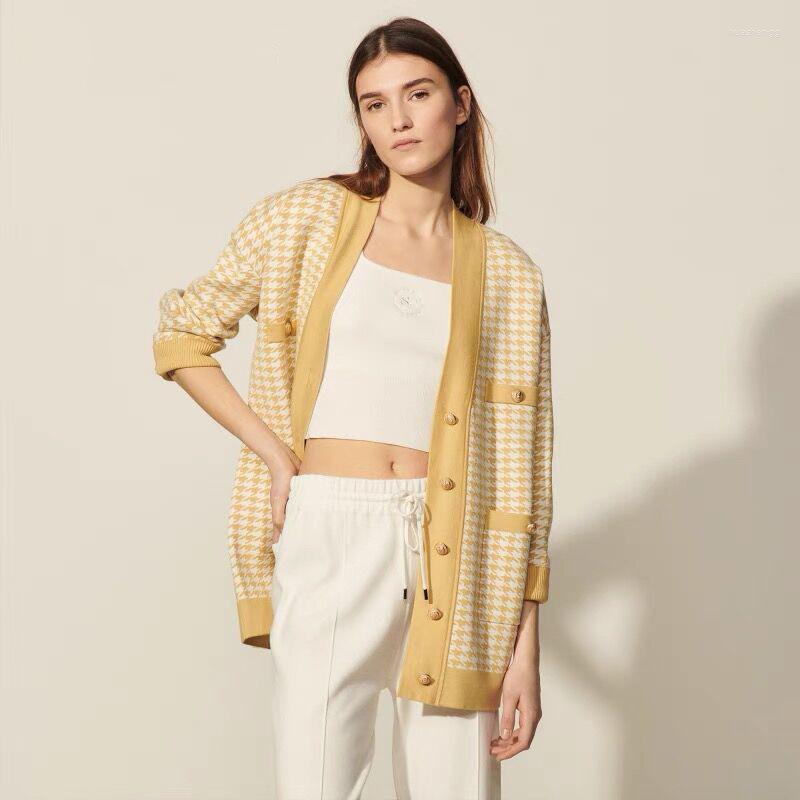 

Women' Knits Women' & Tees 2022 Spring And Summer Youth Houndstooth Pattern V-neck Long-sleeved Knitted Cardigan A00310, Yellow