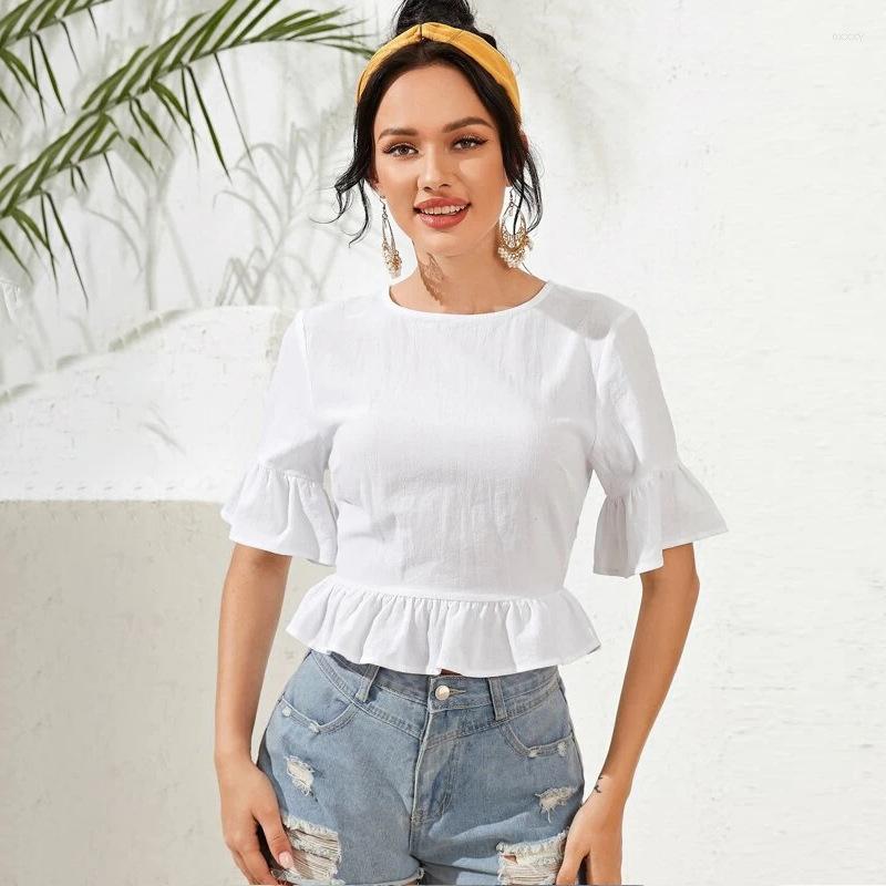 

Women' Hoodies Women' & Sweatshirts Summer Elegant Butterfly Sleeve Pullovers Blouse Women Casual Ruffles White O-neck Backless Shirt