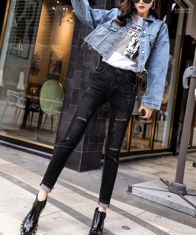 

Women's Jeans Women's Black Women Plus Velvet Thickening High Waist Autumn And Winter Korean Version Was Thin Mesh Red Feet Nine Pants