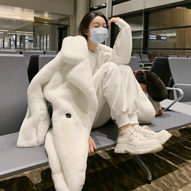 

Women' Fur 2022 Women Winter Faux Warm Solid Jackets Female Long Loose Overcoats Ladies Imitation Rex H Coats Y899, White