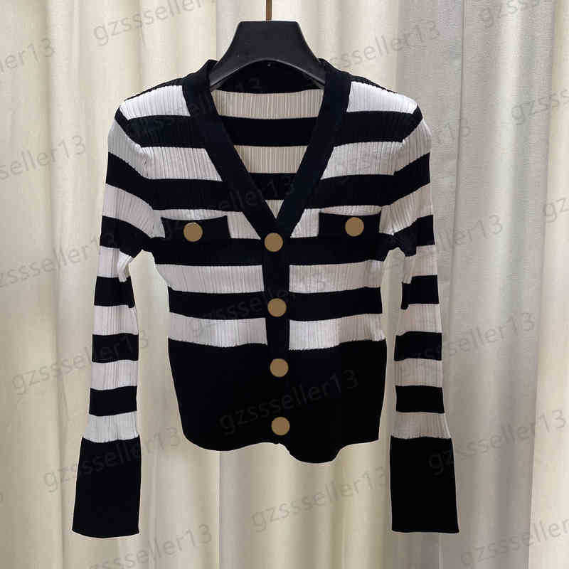

Womens Sweater Fashion Metal Button Cardigans Women Sweaters Autumn Striped Panel V-neck Designer Cardigan Tops 3 Colors 0912, 11