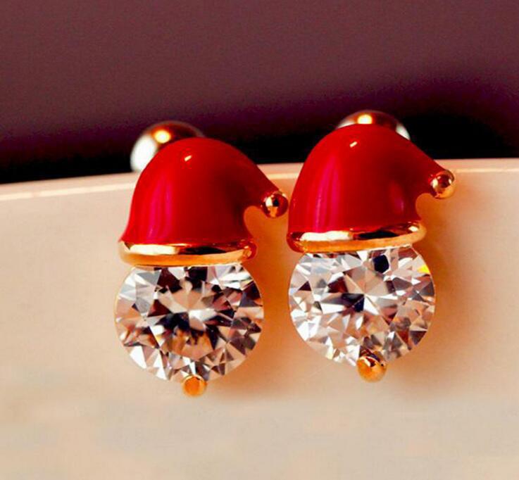 

S3285 Fashion Jewelry Stud Christmas Earrings For Women Enamel Snowman Xmas Hat Rhinestone Earrings