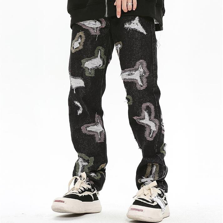 

Patchwork Straight Washed Men's Jeans Pants Frayed High Street Baggy Casual Denim Trousers Plus Size