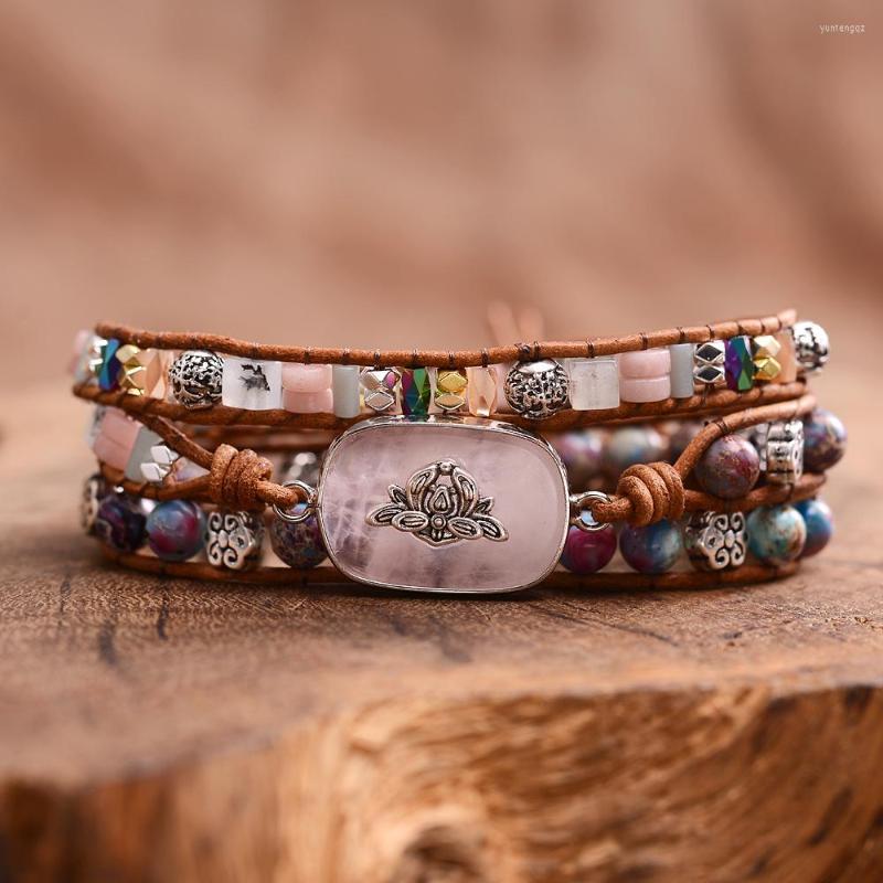

Charm Bracelets Lotus Pink Stones Women Meditation Reiki Healing Blance Yoga Beads Wrap
