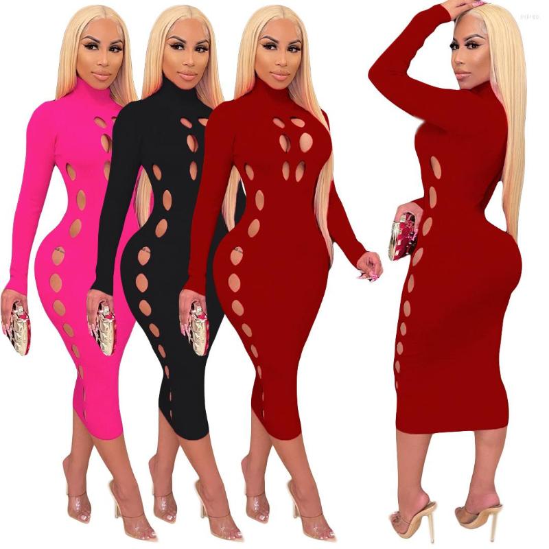 

Casual Dresses SKMY Fall Clothes For Women Fashion Solid Color Black Dress Hollow Out Round Neck Long Sleeve Sexy Party Clubwear
