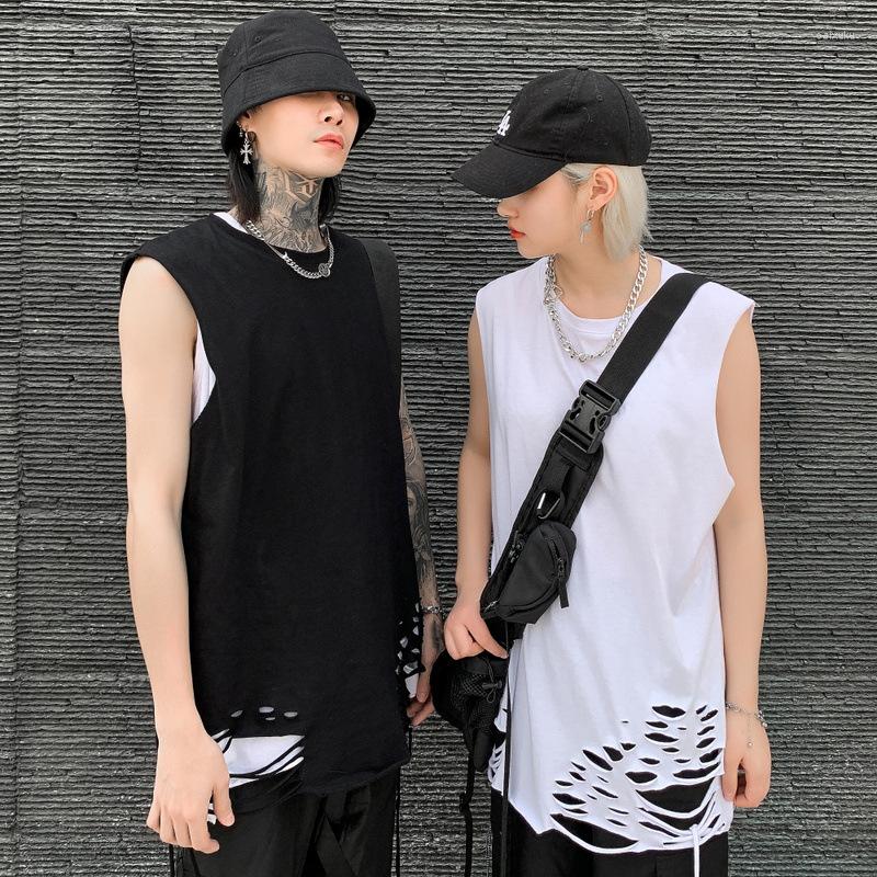 

Men's Tank Tops Men Broken Hole Streetwear Hip Hop Rock Sleeveless Male Women High Street Fashion Casual Loose, Black