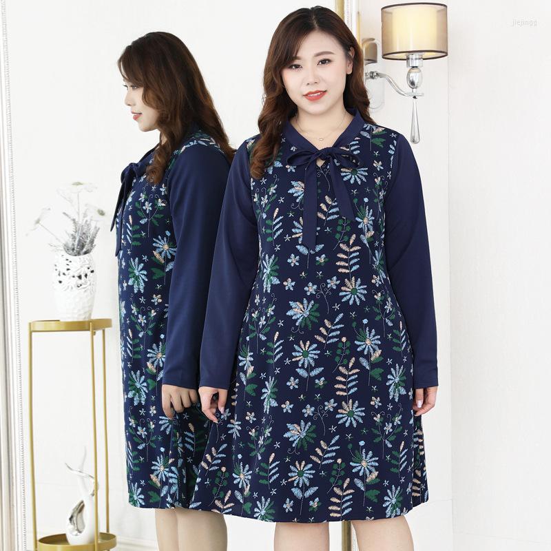 

Casual Dresses  To 10XL Women's Oversized Dress Spring Autumn Floral Print Bow Collar Long Sleeve T20386C, Blue
