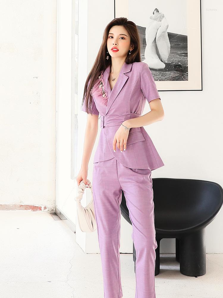 

Women' Two Piece Pants High Quality Blazer Sets 2022 Summer Casual Pant Women Beading Deco Coats Skinny Suits Purple Green 2 Pc Set