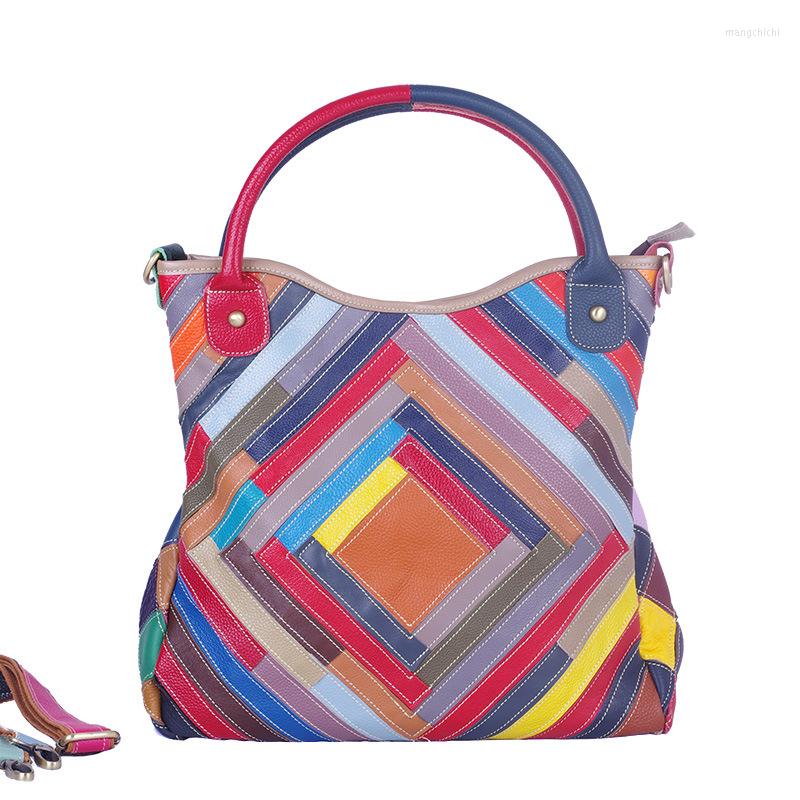

Evening Bags Genuine Leather Women's Stripe Colorblock Handbag European And American Style Colorful Female Shoulder Tote Bag 591B