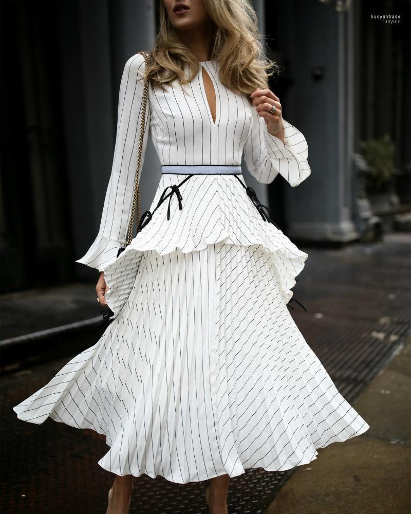 

Casual Dresses Fashion Elegant Sexy A Line Midi Dress Women White Stripe Draped Long Sleeved Female Party Culb Vestidos 2022