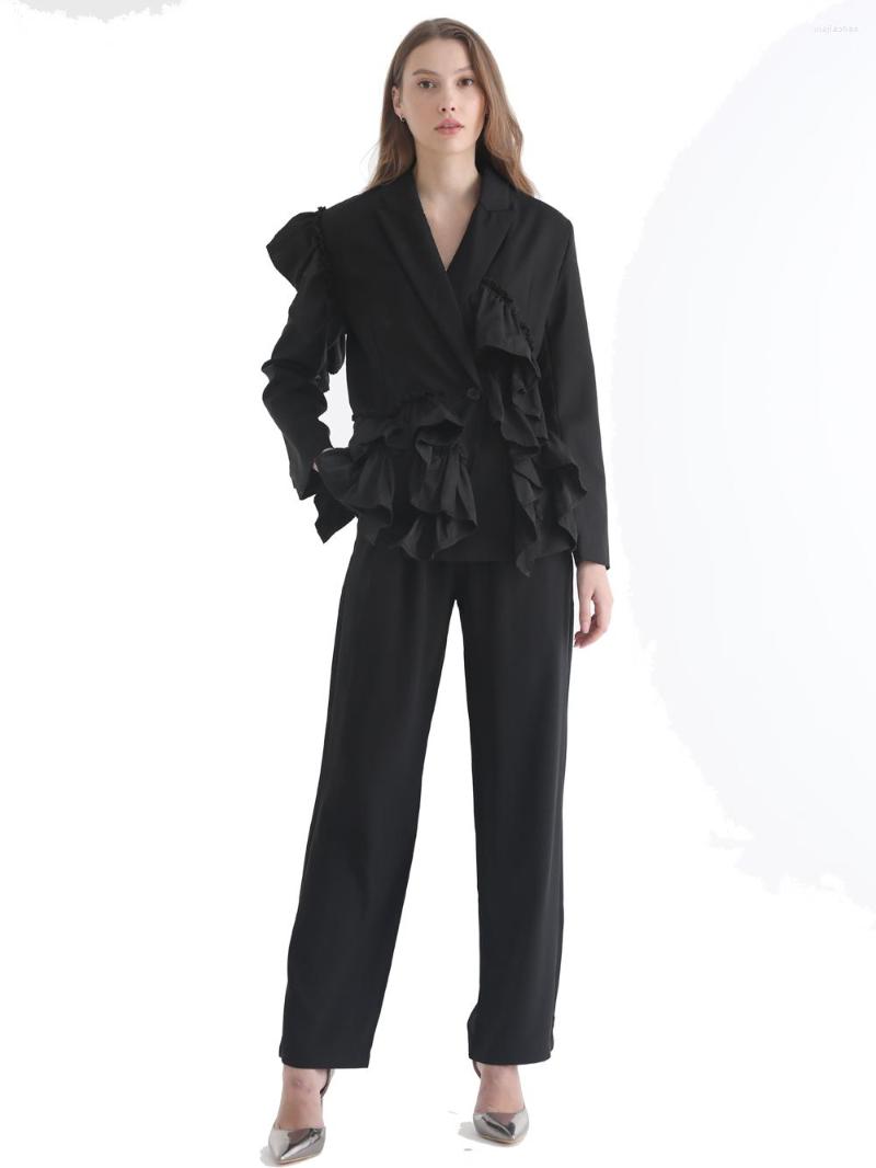 

Women' Suits Women Blazer Jacket Asymmetry Elegant Ladies Lotus Coat Ruffles Suit Loose Long Irregular Black Outfit Autumn Outwear